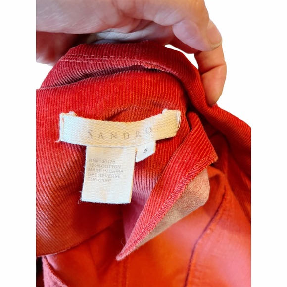 SANDRO Corduroy Jacket Blazer Cotton Red Collar Long Sleeve Ruffle Trim Small - Picture 4 of 9